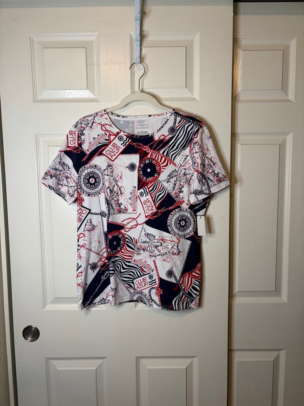 Women’s Talbot’s NWT White & Navy Map Print S/S Cotton Spandex Tee | L